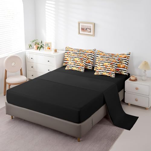 Erosebridal Thanksgiving Pumpkin Twin Comforter Set 7 Pieces Reversible Comforters Twin Size Bed Set Bed in a Bag with Comforter,Fall Leaves Sheets,Black and White Striped Autumn Harvest Bedding Sets - Image 4