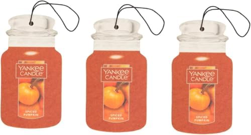 Yankee Candle Classic Paper Car Jar Air Freshener, Hanging Car Freshener, Long Lasting Odor Neutralizing Car Fragrance, Spiced Pumpkin (Pack of 3)