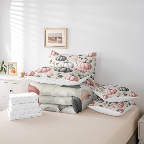 Erosebridal Pink Grey Pumpkin Full Comforter Set 7 Piece Fall Autumn Bedding Set with Sheet Set for Kids Girls Teen Women,Watercolor Botanical Eucalyptus Leaves Bed in A Bag Thanksgiving Bed Set - Image 6