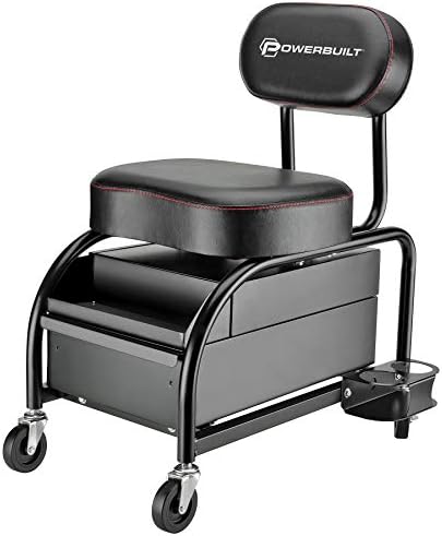 Powerbuilt Professional Car Detailers Mechanics Roller Seat, Heavy Duty Garage Stool with Thick Padded Seat and Backrest, 2 Sliding Storage Drawers, Tool Tray, Can Holders, 3in. Swivel Casters–240299 by PowerbuiltTools