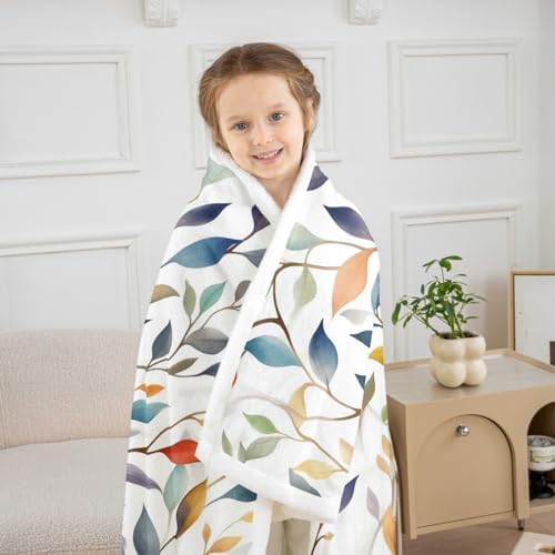Colorful Leaves Throw Blanket Botanical Plants Farmhouse Fleece Flannel Blankets Kids Boys Girls Room Decor Country Style Bed Blankets for Bed Sofa Couch White Blue Grren Plush Blanket Throw 50"x60" - Image 3