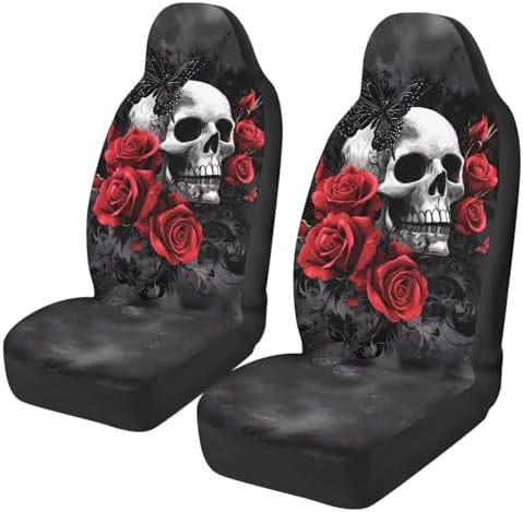 Skull Red Rose Car Seat Covers Set of 2 Breathable Front Seat Covers Stretch Polyester Fabric Cover Soft Front Seat Cover Universal Fit for Auto Truck Van SUV