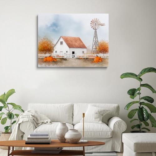 White Barn with Pumpkins Wall Art – Autumn Farmhouse Landscape Poster,Rustic Fall Windmill Canvas Print for Entryway or Thanksgiving Dining Room Decor 24x36in Large Frame wall art - Image 4