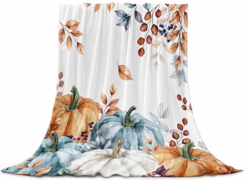DecorLovee Orange Blue Grey Fall Blanket 60"x80", Reversible Pumpkins Throw Blanket for Couch/Bed, Botanical Thanksgiving Lightweight Soft Throw Blankets for Men, Warm Fuzzy Blankets for Winter by DecorLovee