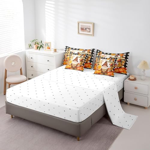 Erosebridal Fall Gnome 7 Piece Bedding Set King Thanksgiving Day Harvest Comforter Set with Sheets Farmhouse Maple Leaf Pumpkin Bed in A Bag for Kids Boys Girls Autumn Grids Country Bed Set - Image 4