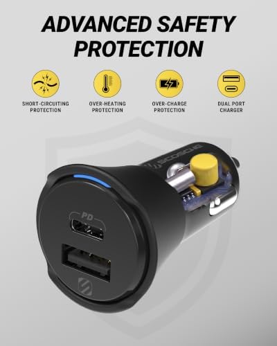Scosche CPDCA38 38W USB-C Cigarette Lighter Adapter, Dual Car Charger with USB-A and USBC Fast Charging Port Compatible with iPhone 16/15/14/13/12, Samsung Galaxy S25/S24/S23 & Type-C Android Devices
