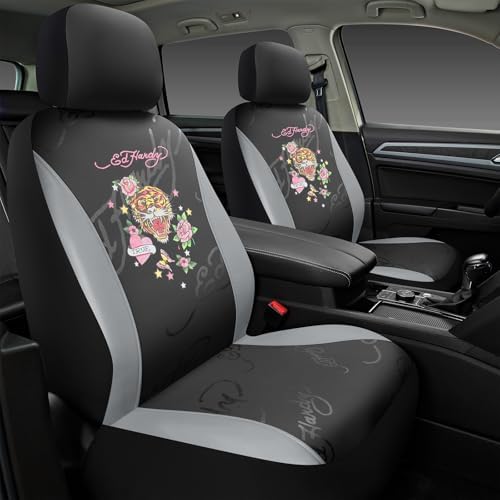 ED HARDY Tiger Print Car Seat Covers, Gray Premium Leather Front Seat Covers, Universal Fit Automotive Covers for Most Cars, Trucks & SUVs, Airbag Compatible, Waterproof, Scratch Resistant