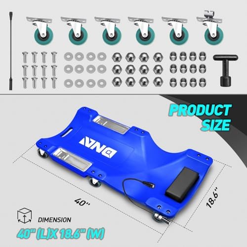 DNA Motoring 40 Inch Low Profile Plastic Rolling Garage Shop Floor Creeper with LED Light, Padded Headrest, Dual Tool Trays, Casters, Blue, TOOLS-00389-BL - Image 2