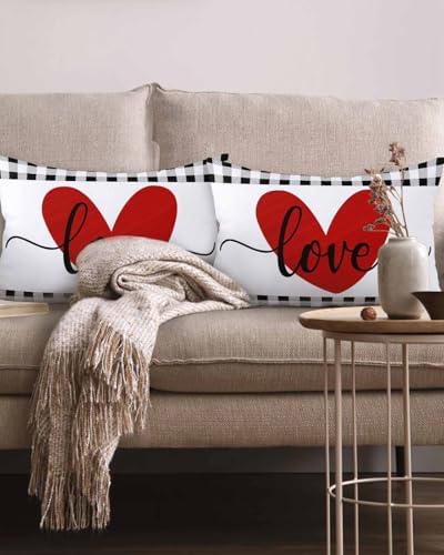 Red Valentine's Day Love Heart Pillow Covers 12x20 Inch Set of 2, Buffalo Plaid Decorations Outdoor Throw Pillow Covers, Holiday Linen Square Pillowcases for Sofa Couch Bedroom Patio Decorative - Image 2