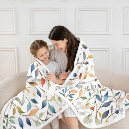 Colorful Leaves Throw Blanket Botanical Plants Farmhouse Fleece Flannel Blankets Kids Boys Girls Room Decor Country Style Bed Blankets for Bed Sofa Couch White Blue Grren Plush Blanket Queen 90"x90" - Image 2