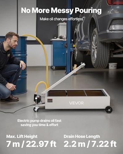 VEVOR Low Profile Electric Oil Drain Pan, 20 Gal Capacity, Rolling Oil Drain Pan with 110V High-Flow Pump, 7.2 ft Hose & T Folding Handle, Leak-proof & Corrosion-resistant, Fit for Trucks, ATVs, White - Image 2