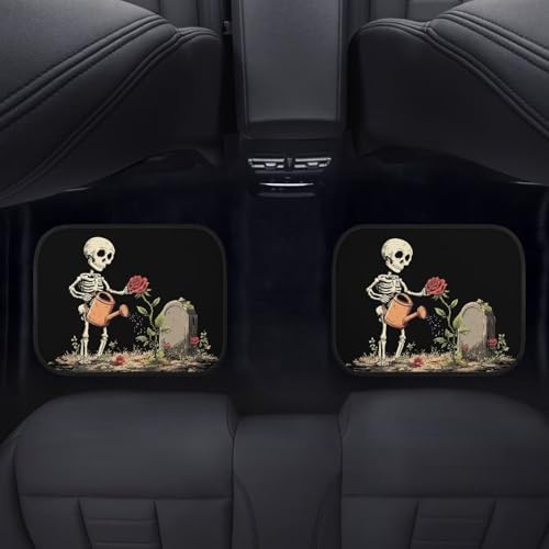 Skeleton Carpet Vehicle Floor Mats Retro Halloween Skeleton All Weather 4 Piece Fit Floor Mat Gothic Tombstone Rose Flower Interior Accessories Anti Slip Mats for Row