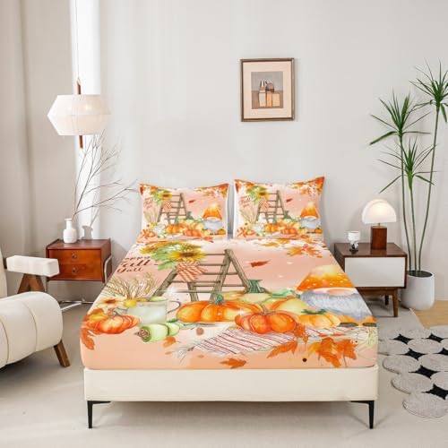 Happy Fall Gnomes Bedding,Thanksgiving Pumpkin Bed Sheets Queen Fall Home Room Decor,Autumn Natural Harvest Season Fitted Sheet + Flat Sheet + 2 Pillow Cases,Rustic Maple Leaf Sunflower Sheet Set - Image 4