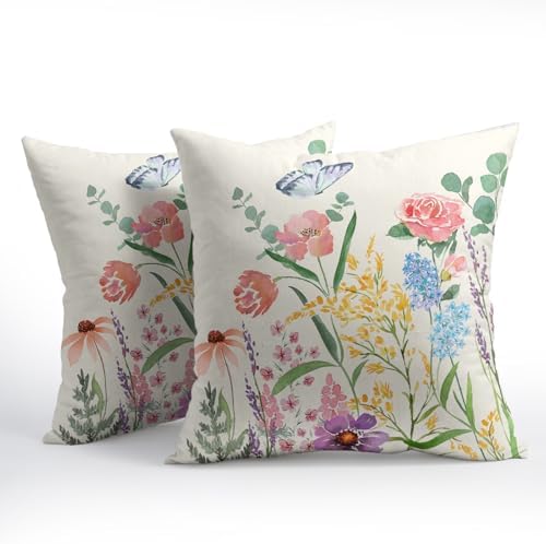 Spring Pillow Covers 22x22 Set of 2 Floral Throw Pillow Covers Rustic Flower Pillowcase Linen Decoration Farmhouse Soft Decorative Pink Blue Cushion Case Couch for Indoor Outdoor Home Decor - Image 2