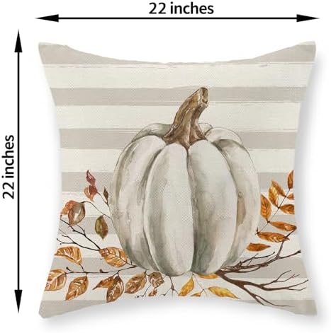 Fall Pillow Covers 22x22 Set of 2 Pumpkin Leaf Branch and Stripes Fall Decor Pillowcase Linen Autumn Thanksgiving Decorative Outdoor Throw Pillow Covers Farmhouse Cushion Case for Couch Home - Image 6