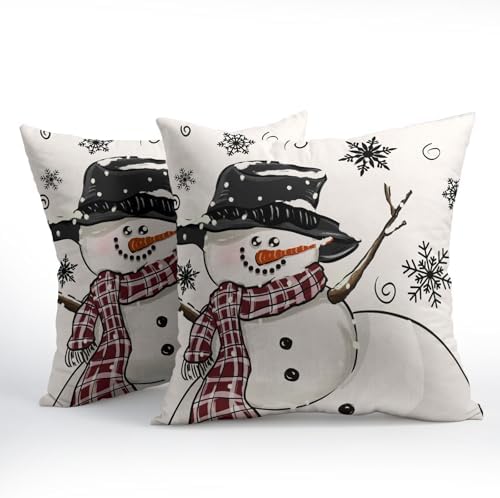 Sweetshow Winter Black Snowman Pillow Covers 20x20 Inches Xmas Snowflake White Throw Pillow Case Set of 2 Xmas Pillows Cotton Linen Cushion Cover for Home Couch Sofa Livingroom - Image 2