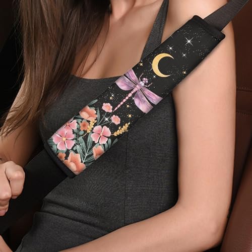 12 Pcs Dragonfly Car Seat Covers Full Set Moon Stars Flower Cottagecore Dragonfly Front Back Seat Cover,Fit Most Cars, Truck,Elastic Steering Wheel Cover Seatbelt Keychain Armres Pads Decor