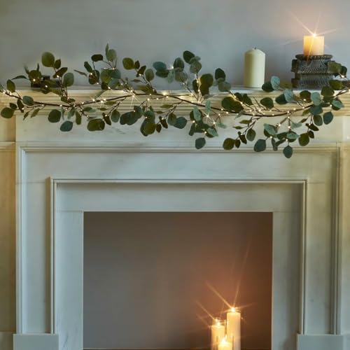 Fudios Lighted Twig Eucalyptus Garland 6FT 96 Warm White LED Battery Operated with Timer for Mantle Fireplace Wedding Party Spring Bedroom Decoration Indoor Outdoor Use by Fudios