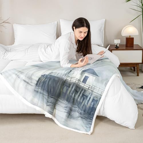 Nautical Lighthouse Sherpa Blanket Retro Oil Painting Throw Blanket Bedroom Living Room Soft Cozy Coastal Tower Blankets Decor for Bed Couch Sofa Black Grey Flannel Blankets 50"x60" - Image 4