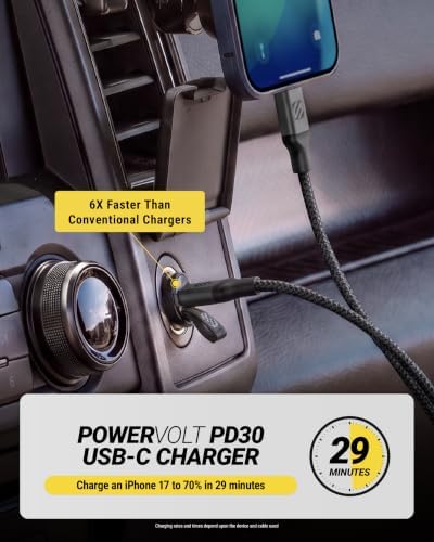 Scosche CPDC30 Mini USB-C 30W Car Charger for Cigarette Lighter Outlet, Power Adapter Plug with 4 FT Long USBC to Type-C Fast Charging Cable Cord Compatible with Android, iPhone & iPad, Black