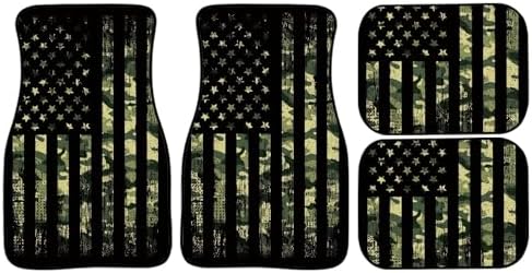 Camo Flag Car Floor Mats Carpet Set of 4 American Flag with Camouflage Grunge Style Floor Mats for Cars Universal Vehicle Front Rear Rugs Military Background Car Decor Accessories for Trucks