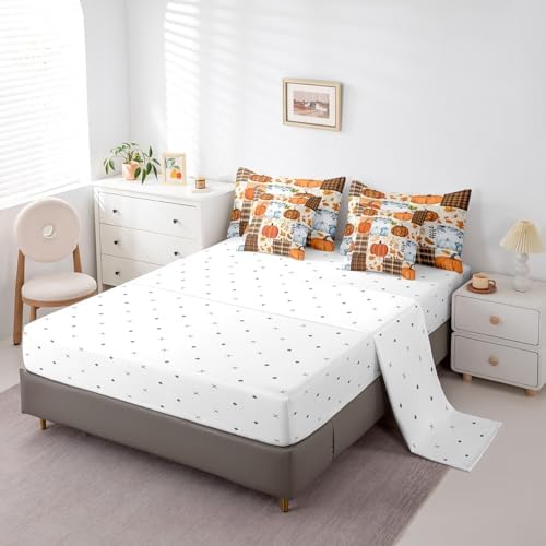 Erosebridal Patchwork Autumn Fall Queen Comforter Set 7 Piece Blue Orange Pumpkin Bed in A Bag Farmhouse Buffalo Plaid Thanksgiving Bedding Set for Kids Adults Maple Leaf Sheet Set with Comforter - Image 4