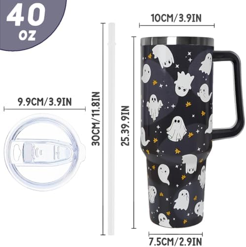 Halloween Tumbler 40oz Ghost Tumbler Spooky Leak Proof Cups with Handle and Straw Insulated Water Bottle Coffee Travel Mugs for Halloween Decor Gifts for Women Men (1PCS) - Image 4