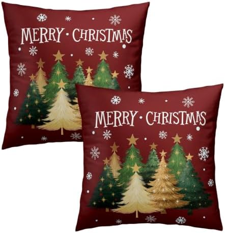 Xmas Tree Red Pillow Covers 18x18 Inch Set of 2, Winter Snowflake Throw Pillow Covers Square Cotton Cushion Cover for Home Couch Sofa Patio Bedroom Livingroom - Image 2