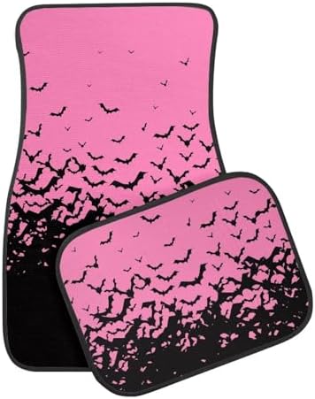 Pink Black Bat Print Funny Halloween Car Floor Mats 4 PCS, Cute Durable Interior Accessories for Car SUV, All Weather Floor Mats with Front Rear Trunk Liners Set for Party