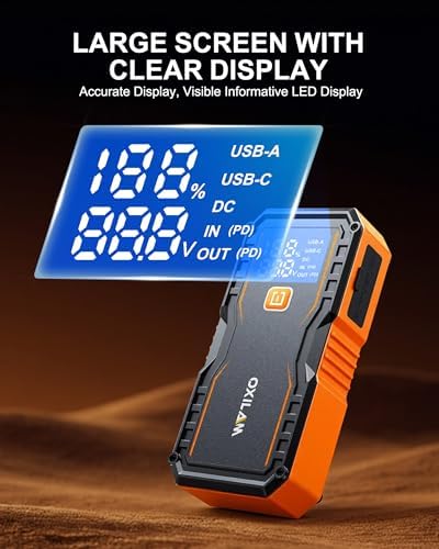 OXILAM 24000mAh Jump Starter for All Gas & Diesel Engines, 10000A Battery Jumper Starter Portable, 12V Jump Box with Quick Charger, Extended Jumper Cable, LED Display, USB, DC, Type C Port & LED Light - Image 5