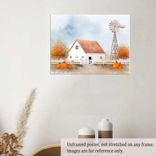 White Barn with Pumpkins Wall Art – Autumn Farmhouse Landscape Poster,Rustic Fall Windmill Canvas Print for Entryway or Thanksgiving Dining Room Decor 20x30in Unframed - Image 5