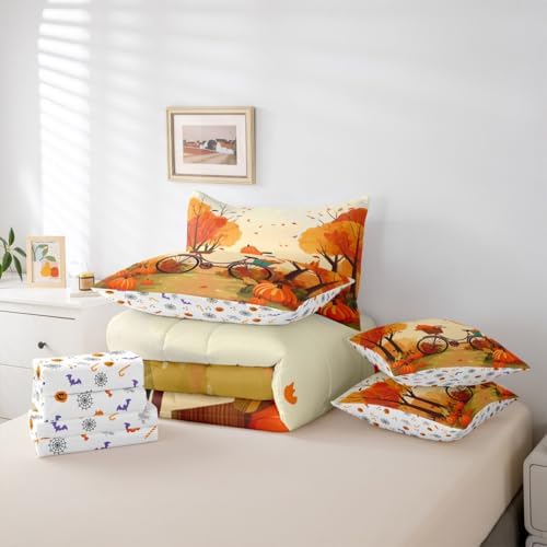 Erosebridal Bicycle Bed in a Bag 7 Piece,Thanksgiving Pumpkin Bedding Sets Maple Leaves Country Farmhouse Autumn Decor Queen Size Sheet Sets with Comforter,Flat Sheet,Fitted Sheet,Pillowcases - Image 5