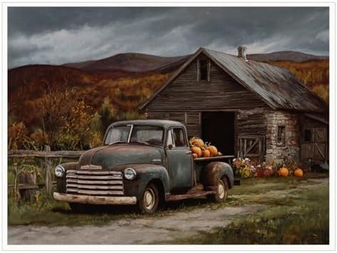 Vintage Truck with Pumpkins Wall Art – Rustic Fall Barn Landscape Canvas,Country Farmhouse Poster for Thanksgiving Entryway or Autumn Living Room Decor 20x30in Unframed by Unknown