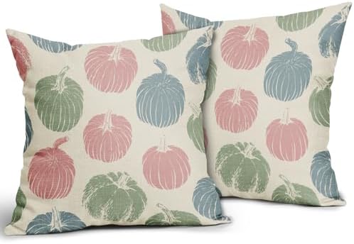Pink Blue Green Pumpkin Fall Pillow Covers 18x18 Set of 2 Autumn Harvest Print Thanksgiving Decorative Throw Pillows Outdoor Farmhouse Cushion Case Seasonal Decor for Couch Sofa Bed - Image 2