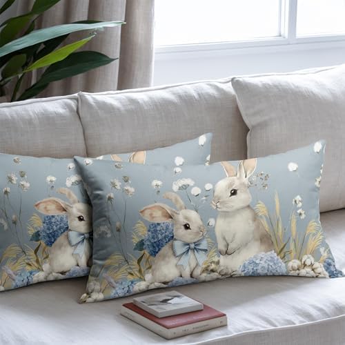Easter Pillow Covers 12x20 Set of 2 Spring Throw Pillow Covers Rustic Cute Bunny Rabbit Pillowcase Linen Decoration Farmhouse Soft Decorative Blue Cushion Case Couch for Indoor Outdoor Home Decor - Image 7