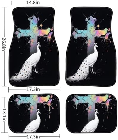 Peacock Car Accessories Floor Mats 4PCS, Stain Glass Cross Rubber Front and Rear Mats Non-Slip Floor Mats, White Peacock All Season Heel Pad Fit for SUV Van