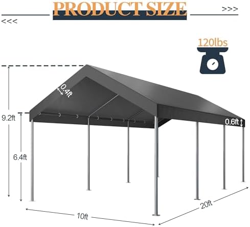 Shintenchi 10x20 FT Heavy Duty Carport,Dark Grey - Image 2