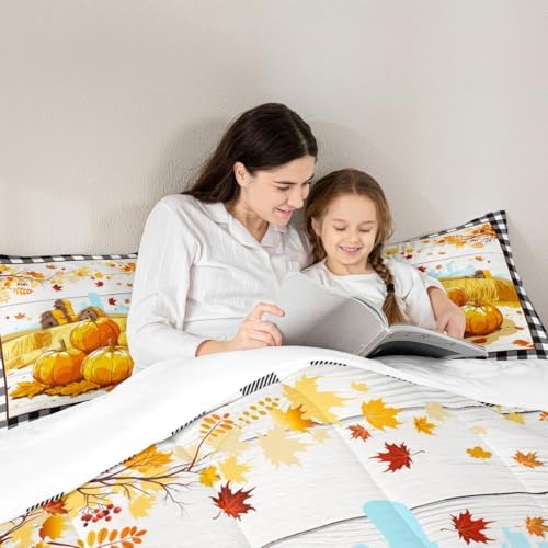 Homewish Rustic Farm Comforter Set Pumpkin Barn Door Fall Plants Harvest Theme Bedding Kids Adult Room Decor,Black White Grid Quilt Vintage Maple Tree Duvet Insert Twin Size 2Pcs (ZZRS3669ZMD-BZ_USt) - Image 2