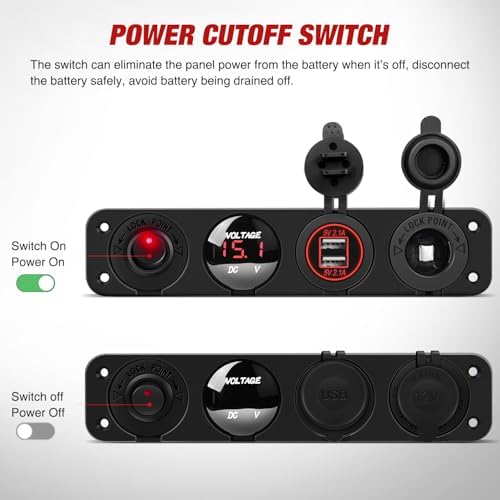 Nilight 4 in 1 ON/Off Charger Socket Panel Dual USB Power Outlet LED Voltmeter Cigarette Lighter Socket Lighted ON Off Rocker Toggle Switch for Truck Car Marine Boats RV,2 Years Warranty