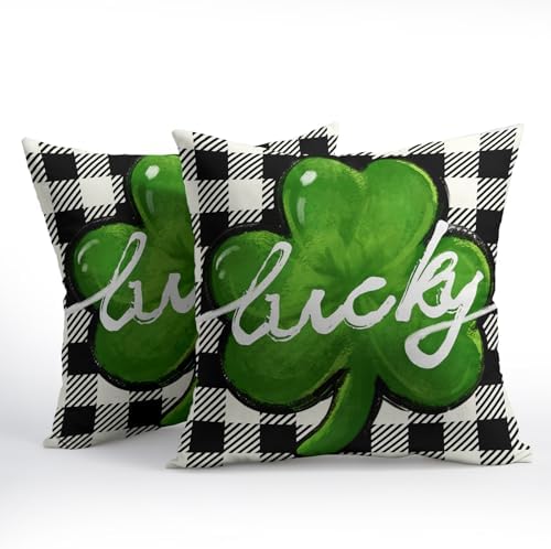 St Patricks Day Pillow Covers 16x16 Set of 2 Shamrock Clover Throw Pillow Covers Spring Pillowcase Linen Decoration Farmhouse Decorative Buffalo Plaid Cushion Case Couch for Indoor Home Decor - Image 2