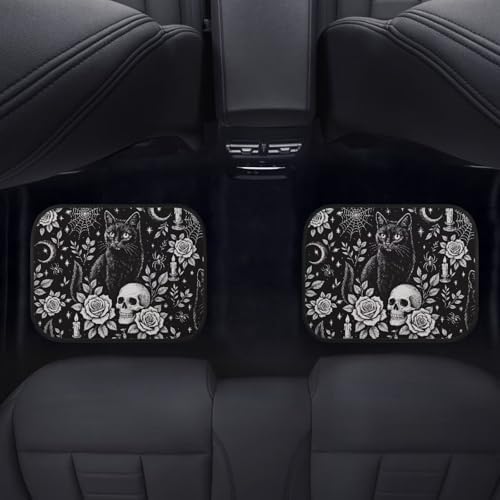 Gothic Skull Carpet Vehicle Floor Mats Retro Halloween Cat Skull 4Piece Universal Floor Mat Interior Horrible Gothic Black Cat Rose Accessories Ant Slip Mats for 1st Row