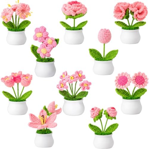 Suncalla 10 Pcs Pink Crochet Flowers Pot Bulk Thank You Gifts Crochet Plant by Unknown