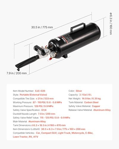 VEVOR Portable Tire Bead Seater, 2.1 Gal / 8 L Air Bead Blaster, Handheld Tire Inflator Tool, 87-116 PSI Operating Pressure, Trigger Seating Inflator for Car, Compact SUV, Light Truck, E-Bike, RV, ATV - Image 3