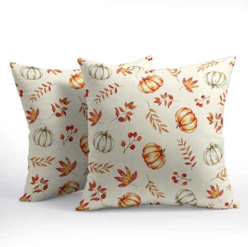 Fall Pumpkin Pillow Covers 20x20 Set of 2 Orange Beige Maple Leaves Pattern Outdoor Throw Pillows Covers Autumn Thanksgiving Harvest Decorative Farmhouse Cushion Case for Living Room Couch Sofa - Image 2