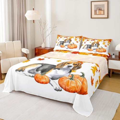 Fall Pumpkin Sheet Set Retro Watercolor Sausage Dog Fitted Sheet Full Thanksgiving Harvest Seasonal Bed Sheets for Kids Boys Girls,Happy Fall Maple Leaf Bedding Soft Flat Sheeet Orange 4 Pcs - Image 2