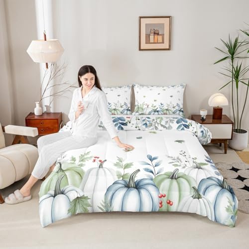 Erosebridal Pumpkins Eucalyptus Leaves Comforter Set for Kids Boys Girls Blue Pumpkins Fall Decor Bedding Autumn Fall Duvet Set Thanksgiving Farmhouse Comforter Twin with 1 Pillowcase - Image 2