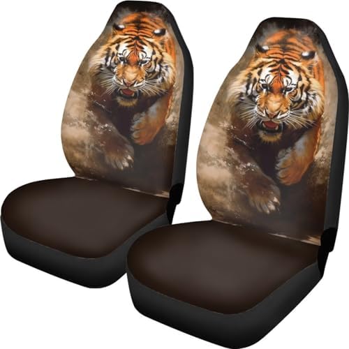 Tiger 2 Pcs/Set Car Seat Covers, 3D Vivid African Jungle Animal Car Seat Cover for Trucks Sedan SUV, Running Bengal Tiger Automotive Interior Protector Set