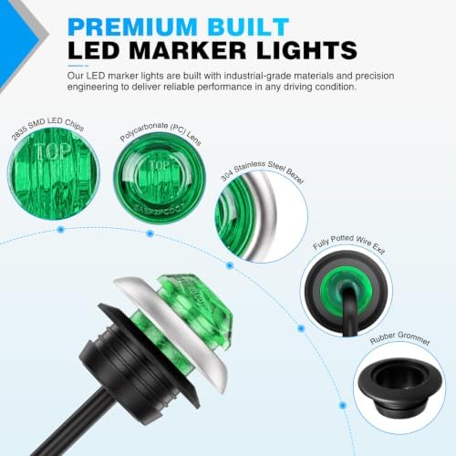 Nilight 3/4" Round Marker Lights 10PCS Green Side Bullet Clearance Light
