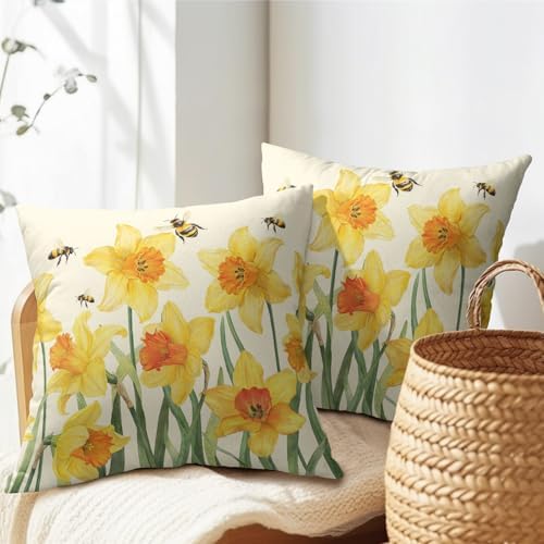 Spring Pillow Covers 22x22 Set of 2 Yellow Floral Throw Pillow Covers Rustic Flower Pillowcase Linen Decoration Farmhouse Soft Decorative Bee Summer Cushion Case Couch for Indoor Outdoor Home Decor - Image 7