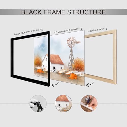 White Barn with Pumpkins Wall Art – Autumn Farmhouse Landscape Poster,Rustic Fall Windmill Canvas Print for Entryway or Thanksgiving Dining Room Decor 12x16in Black aluminum frame - Image 3
